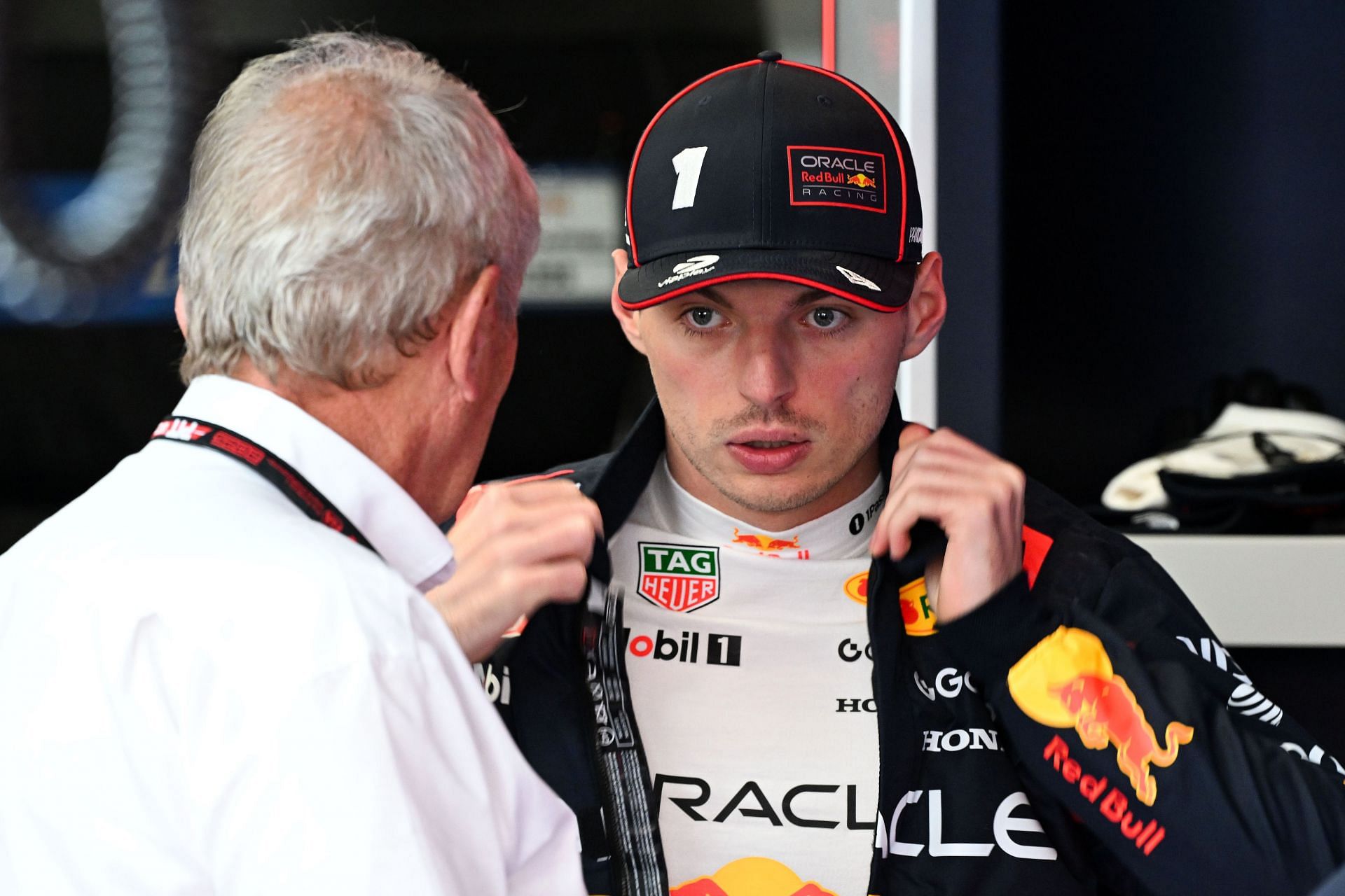 Helmut Marko (L) and Max Verstappen (R) at the 2025 F1 Grand Prix of Spain race weekend - Source: Getty